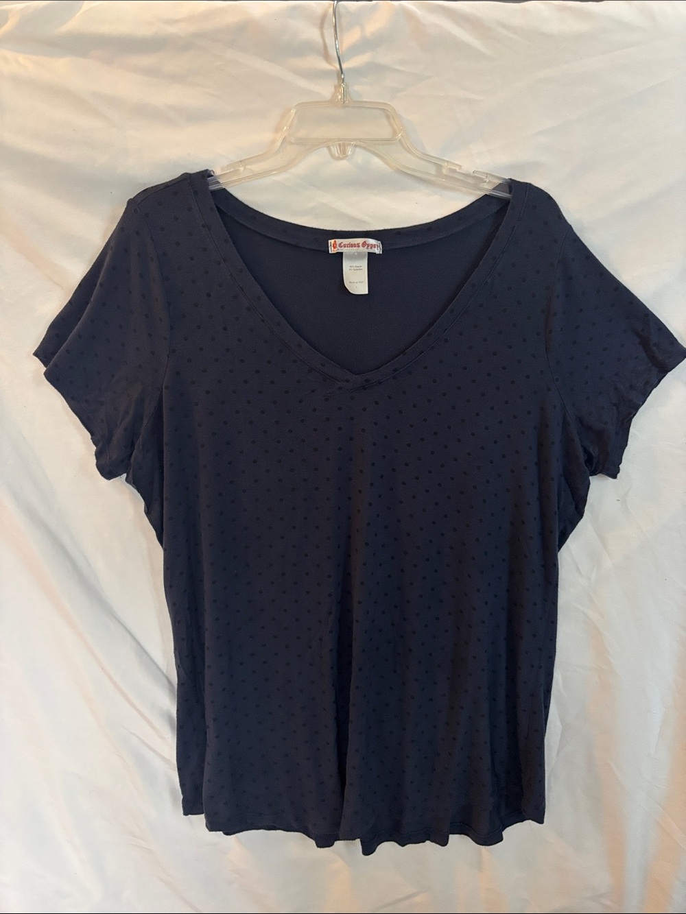 Cotton Emporium Navy Short Sleeve V-Neck Tee with Dot Texture